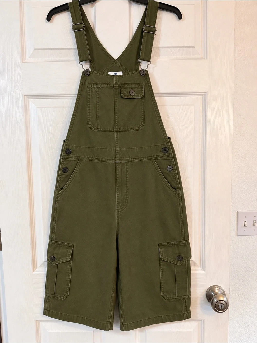 madepants Olive Green Women’s Cargo Short Overalls with Adjustable Straps - Picture 2 of 3